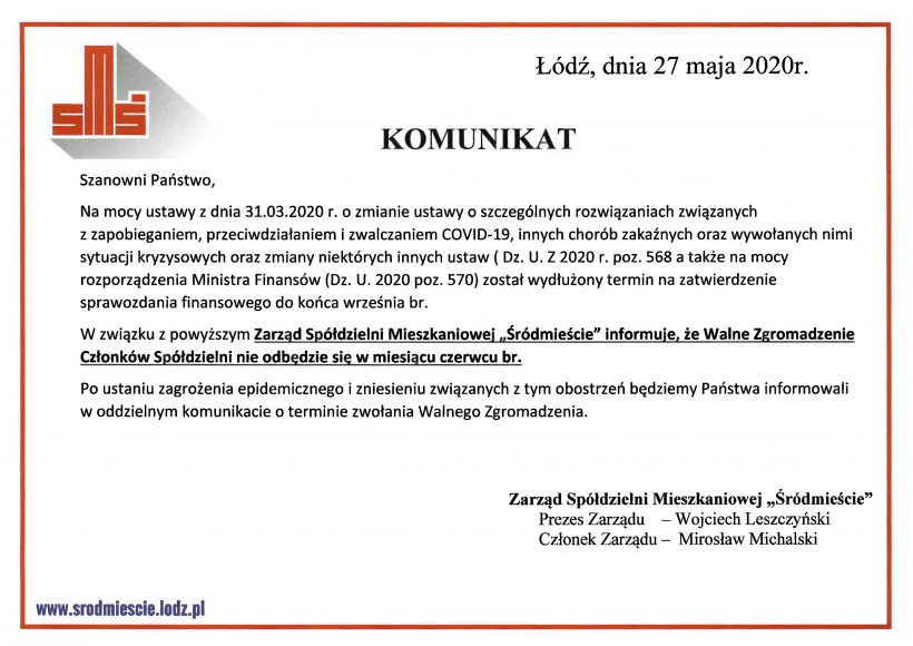 Informacja w sprawie Walnego Zgromadzenia Członków SM „Śródmieście” w Łodzi