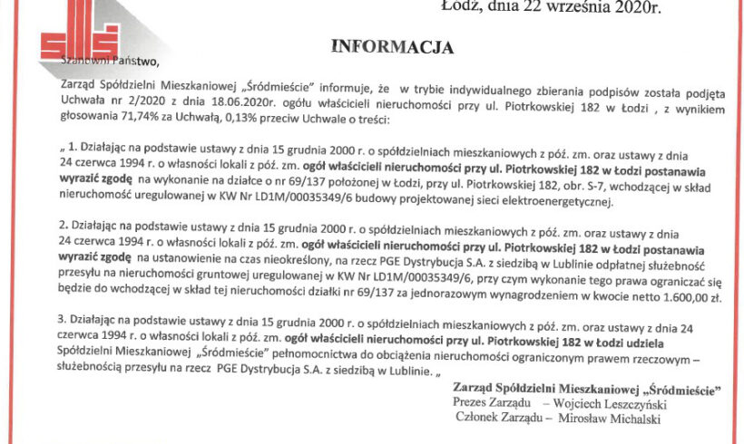 Informacja ws budowy sieci elektroenergetycznej (Piotrkowska 182)