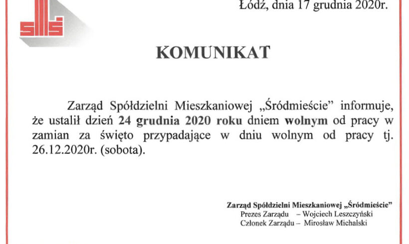 24 grudnia biura Spółdzielni będą nieczynne