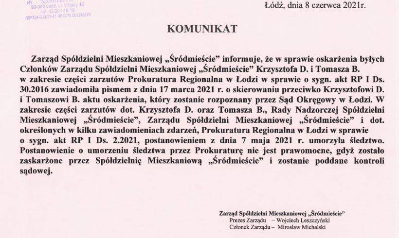 KOMUNIKAT ws. oskarżenia byłych Członków Zarządu SM Krzysztofa D. i Tomasza B