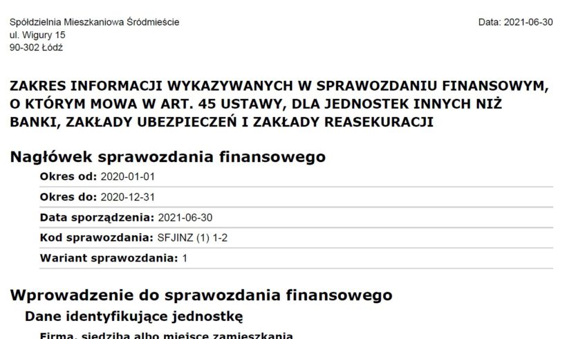 Sprawozdanie finansowe za 2020 rok wraz z sprawozdaniem niezależnego Biegłego Rewidenta