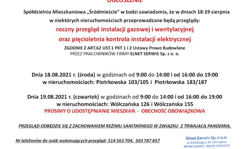 Roczny przegląd instalacji gazowej i wentylacyjnej oraz pięcioletnia kontrola instalacji elektrycznej