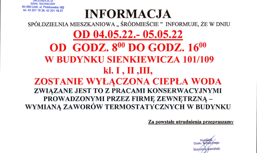 WYŁĄCZENIE CIEPŁEJ WODY – SIENKIEWICZA 101/109