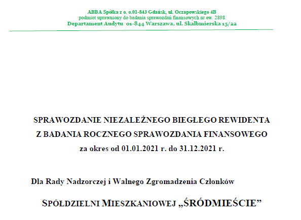 Sprawozdanie finansowe za 2021 rok wraz z sprawozdaniem niezależnego Biegłego Rewidenta